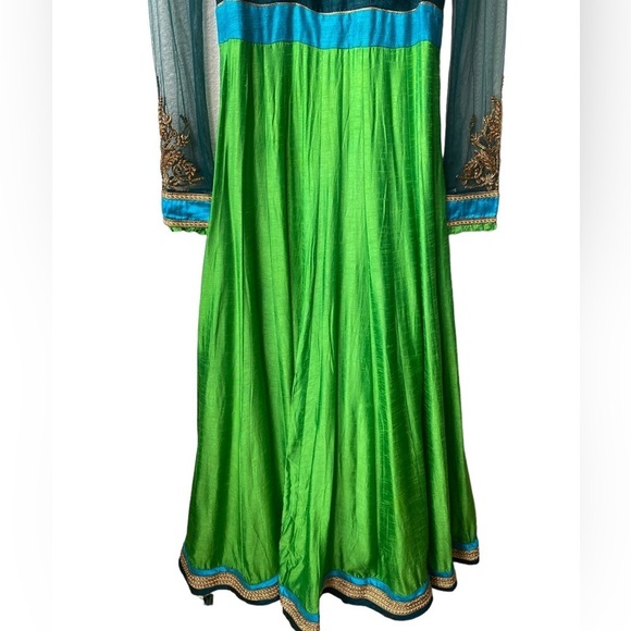 Indian Wedding Pakistani Party Formal Maxi Silk Traditional Green Ethnic Dress - Picture 4 of 9